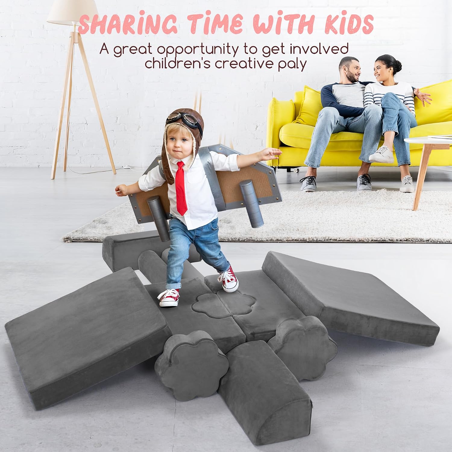 Modular Play Sofa 14-Piece Foam DIY with Washable Velvet Cover 100% Stain Removal Easy Assembly for Active Playroom Seating and Creative Space Design