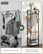 CHOEZON Coat Rack with Shelves, Freestanding Hall Tree, Coat Tree with 16 Hooks and Hanging Rail, Industrial Clothes Stand for Entryway, Hallway, Bedroom, Rustic Brown and Black TYM18BF