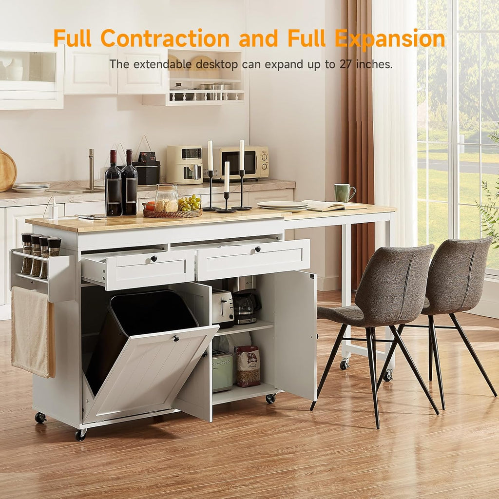 ONBRILL Kitchen Islands with Extendable Dining Table, 81.7" Mobile Kitchen Storage Islands, Rolling Kitchen Cart with Trash Cabinet, Power Outlet, Spice Rack & Towel Rack, White