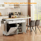 ONBRILL Kitchen Islands with Extendable Dining Table, 81.7" Mobile Kitchen Storage Islands, Rolling Kitchen Cart with Trash Cabinet, Power Outlet, Spice Rack & Towel Rack, White