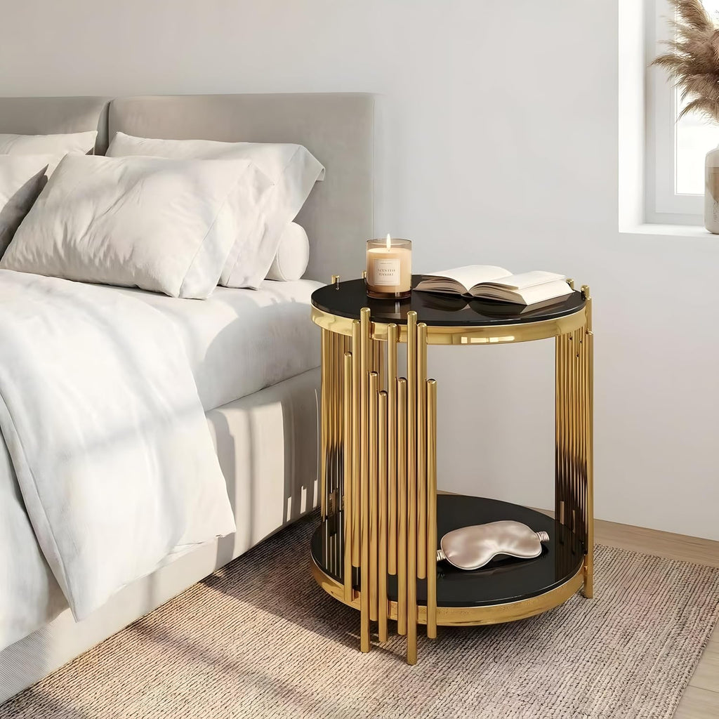 Modern End Table with Black Glass Top,Oval End Tables with Gold Legs,Living Room Luxury Glass Coffee Tables with 2-Tier
