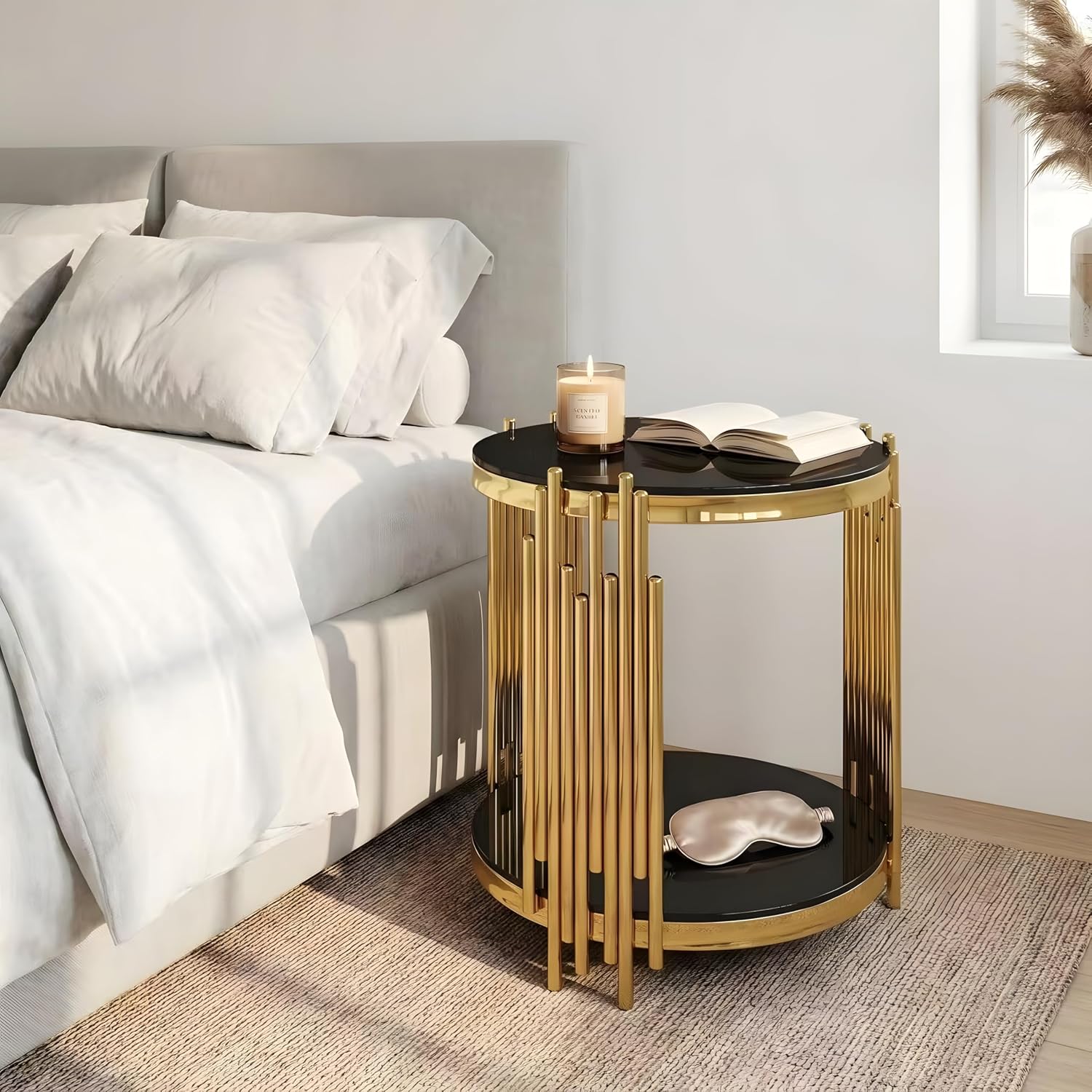 Round Glass End Table, 2-Tier Black Tempered Glass Modern 20" Gold Side Table with Storage, Stainless Steel Frame Accent Table for Small Space, Easy Clean Sofa Side Nightstand for Living Room Bedroom