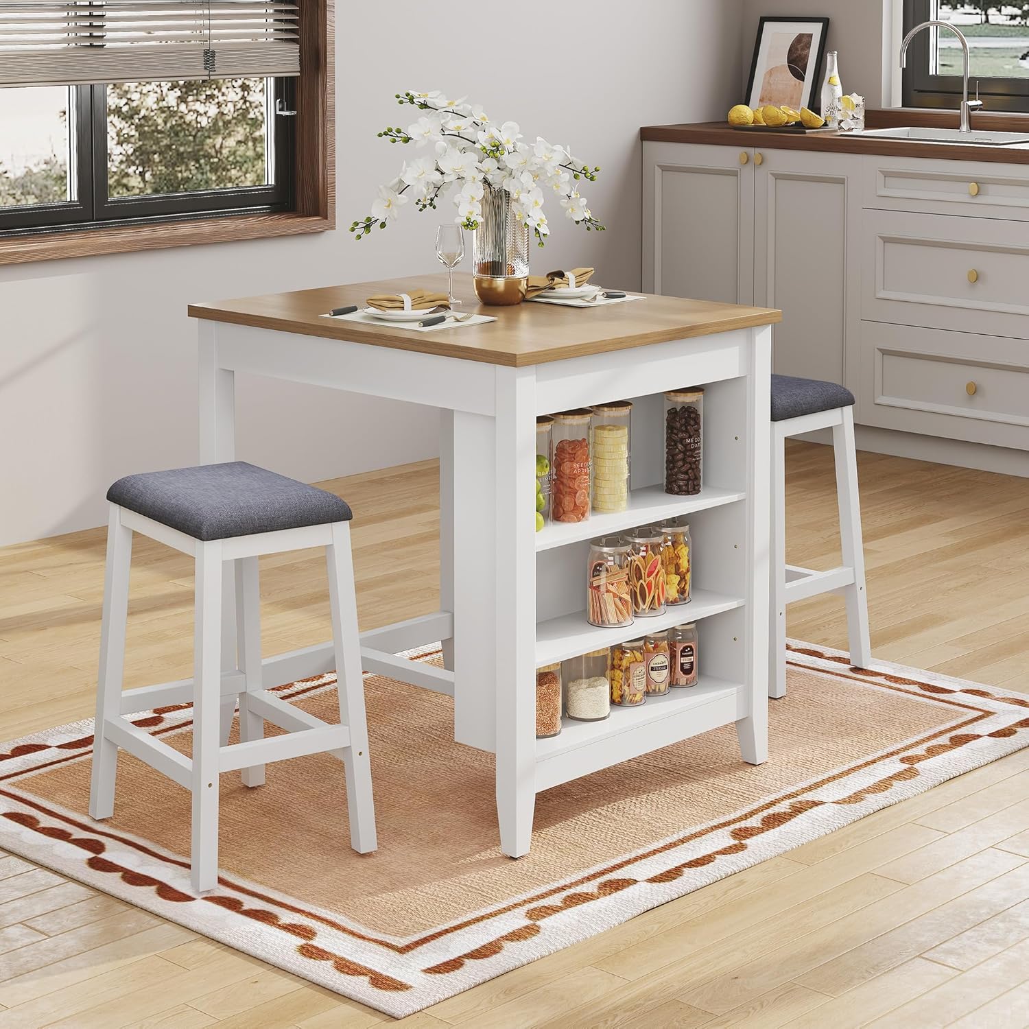 HLR Small Dining Table for 2, Farmhouse Kitchen Table with Storage Shelves, Modern Space-Saving Dinner Table, Square Compact Dining Table for Dining Room, Kitchen, Small Spaces, Apartment, White