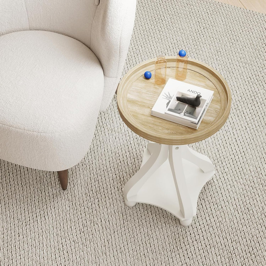 Accent Wood Farmhouse End Table, Round Side Tables, Nightstand Natural Tray Top and Distressed Carved Legs for Bedroom Living Room, White