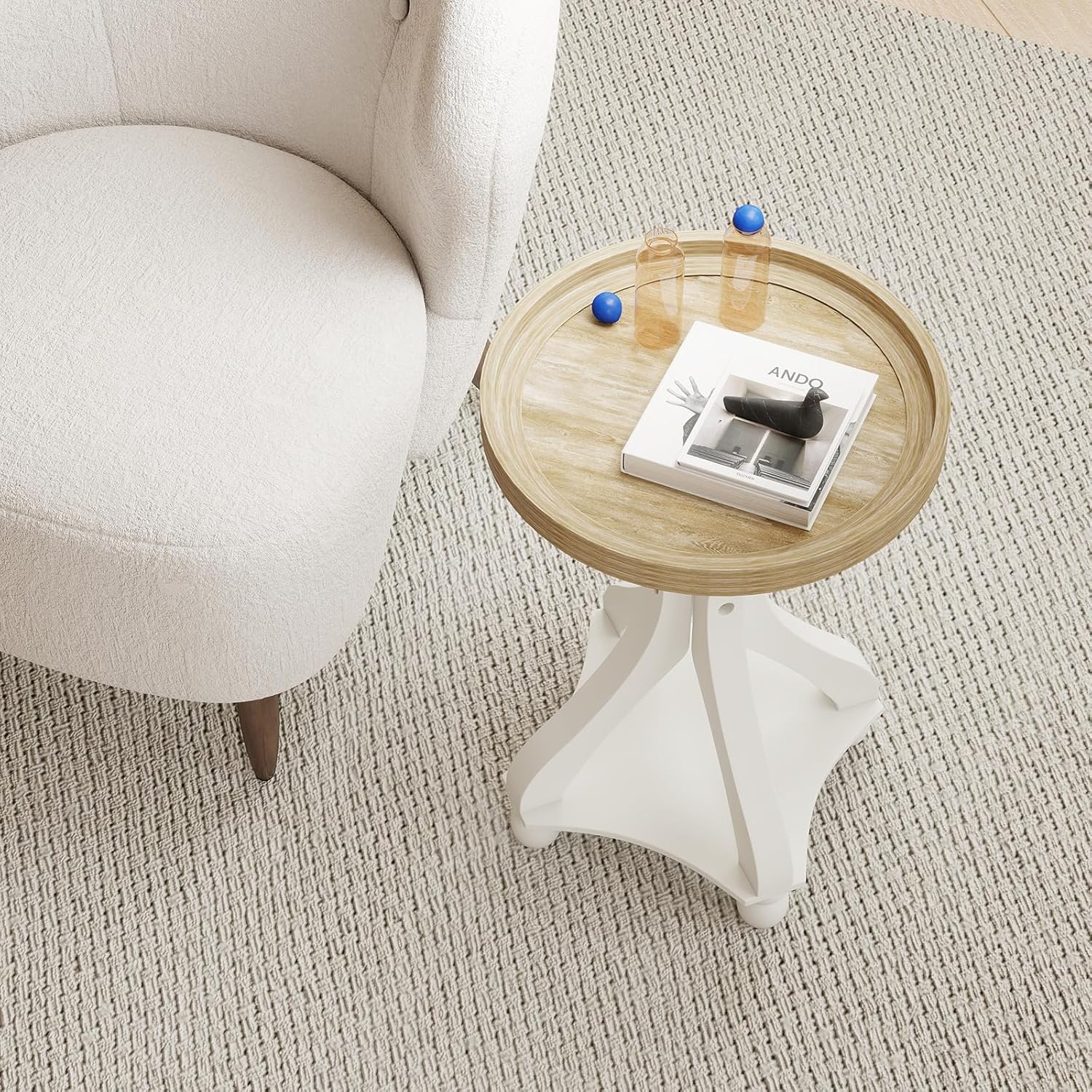 Accent Wood Farmhouse End Table, Round Side Tables, Nightstand Natural Tray Top and Distressed Carved Legs for Bedroom Living Room, White