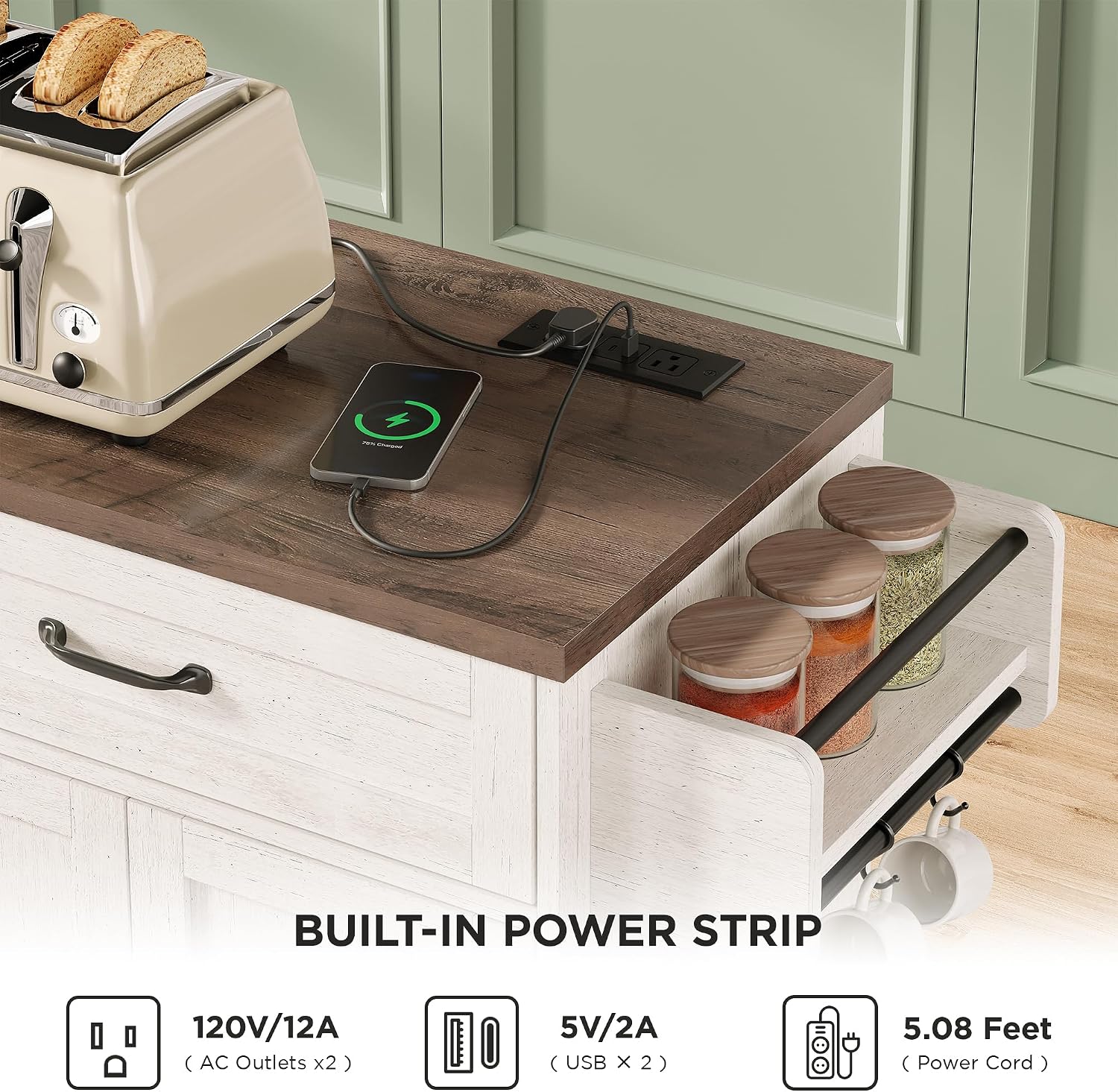 Mobile Kitchen Island, Kitchen Island Cart with 2 Drawers and Charging Station, Island Table for Kitchen, Home Bar Carts with Storage, Kitchen Rolling Island with Spice Rack and Towel Rack,White