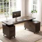 Farmhouse L Shaped Executive Desk with Drawers & Sliding Doors Fluted Storage Cabinet, 63" Corner Computer Desk with Power Outlets (4 AC & USB/Type-C), Reversible Home Office Desk, Brown