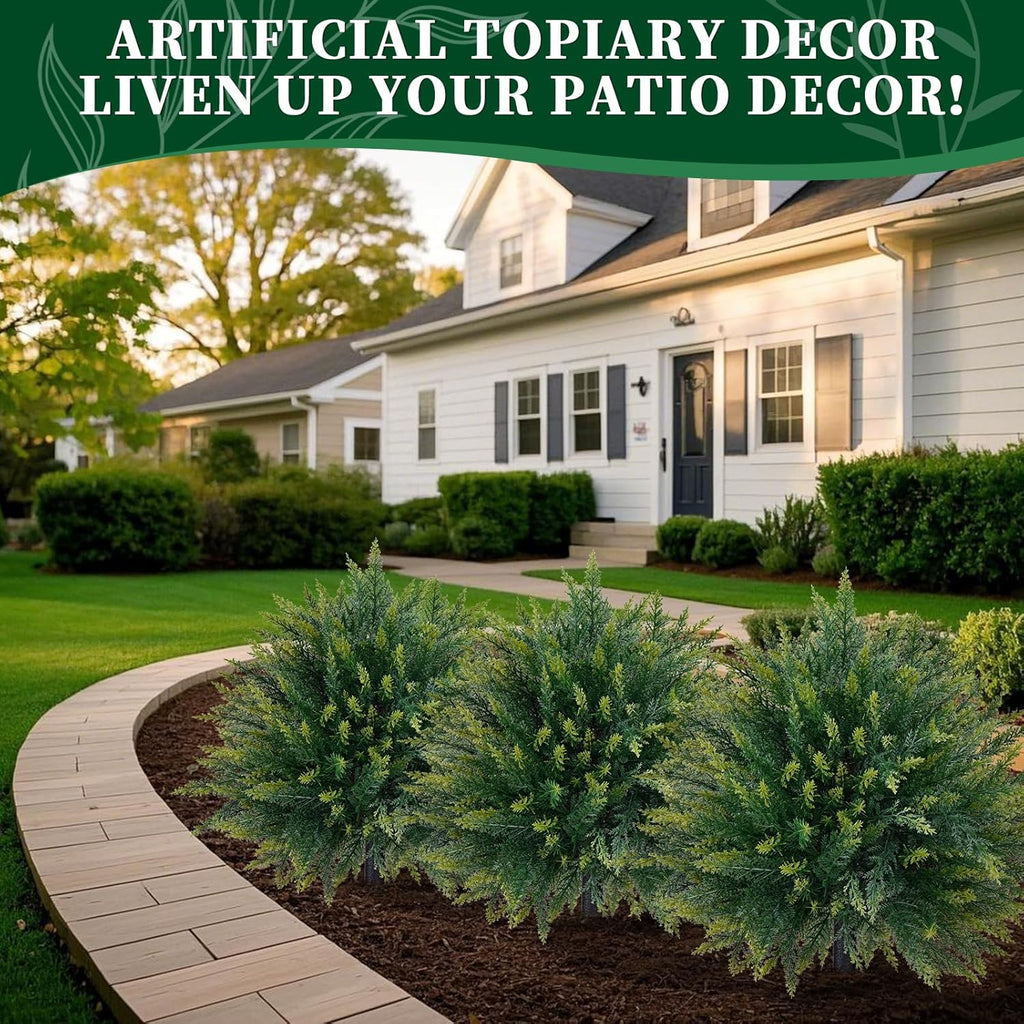 2 Pack Artificial Cedar Topiary Trees with Ground Spike, Fake Pine Shrubs Bushes, UV Resistant Faux Evergreen Cypress Tree Plants for Indoor Outdoor Planters Front Porch