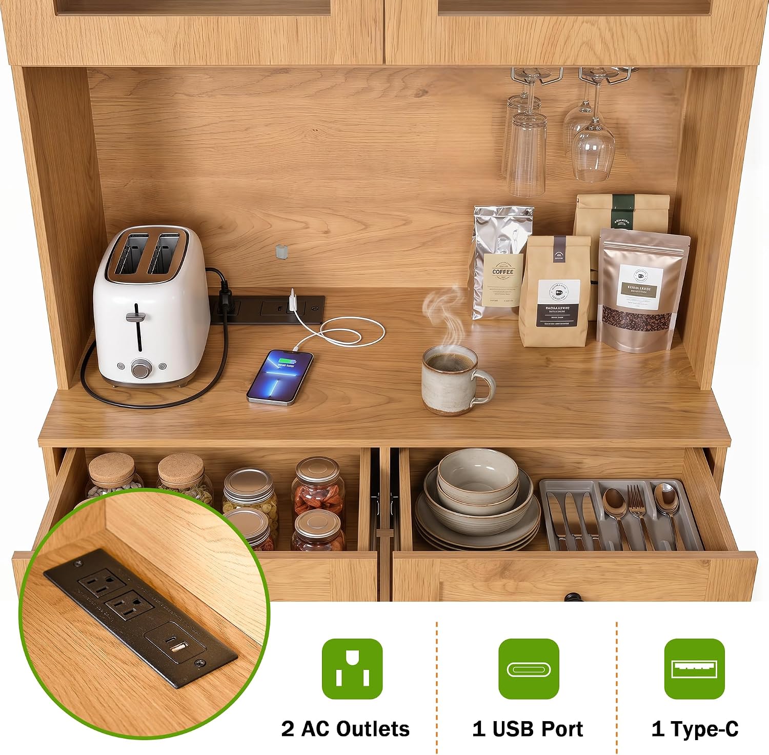 Merax 75'' Farmhouse Arched Kitchen Pantry with Charging Station | Kitchen Hutch with Adjustable Shelves, Open Countertop & Glass Holders, Versatile Cupboard for Dining Room Living Room