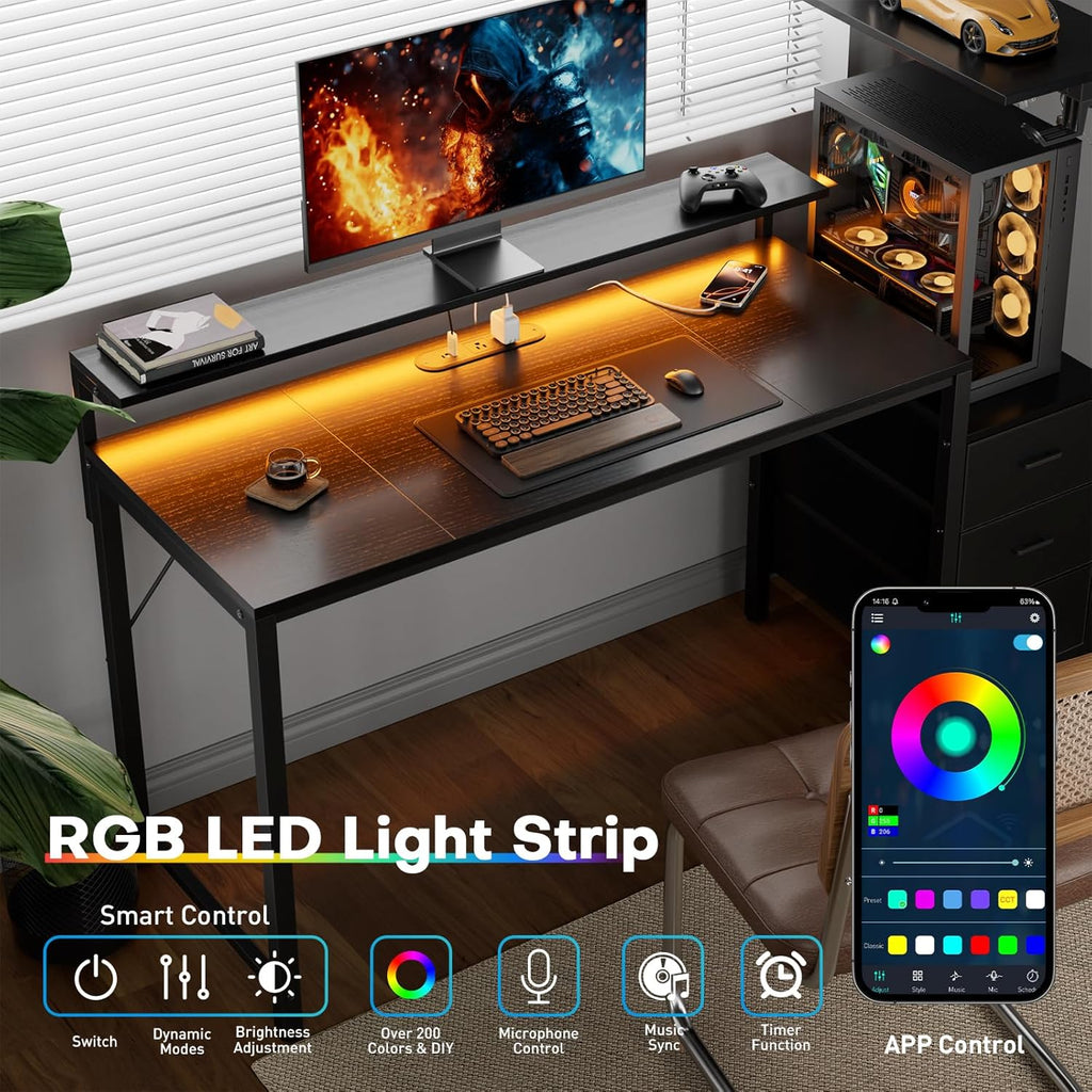 HLDIRECT 44 inch Gaming Desk with 3 Fabric Drawers & Side Hooks-Reversible Home Office Computer Desk with Power Outlets & Led Lights, Gamer Desk Table with Monitor Stand, Black
