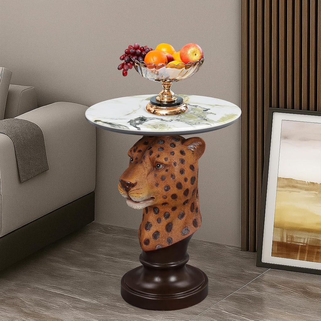 Leopard Side Table, Maximalist Room Decor Accent Table, Unique Animal Head Sculptural End Table with Faux Marble Top for Eclectic Vintage Home Interior, Living Room & Lounge - Savannah Leopard