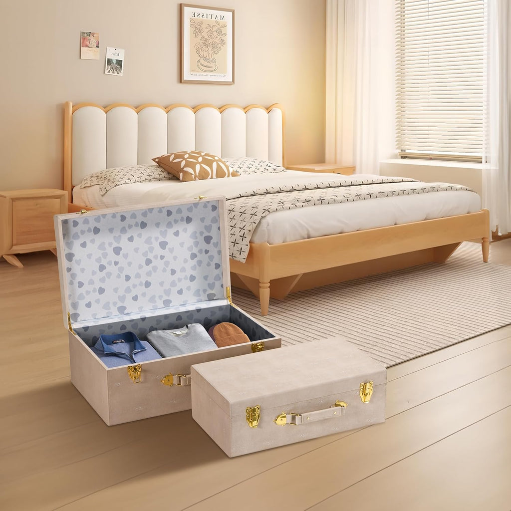 Sagala Set of 2 Large Decorative Storage Trunks, Beige Shagreen StorageTrunks And Chests with Handle, Faux Leather Large Storage Boxes for Home Organization Decor (Beige)