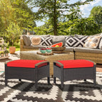 RELAX4LIFE Outdoor Wicker Ottomans for Patio - 2 Pieces PE Rattan Ottoman, Footrest Seat with Zippered Cushions, Acacia Wood Handles, 3-in-1 Footstool, Side Table for Poolside, Backyard (Red)