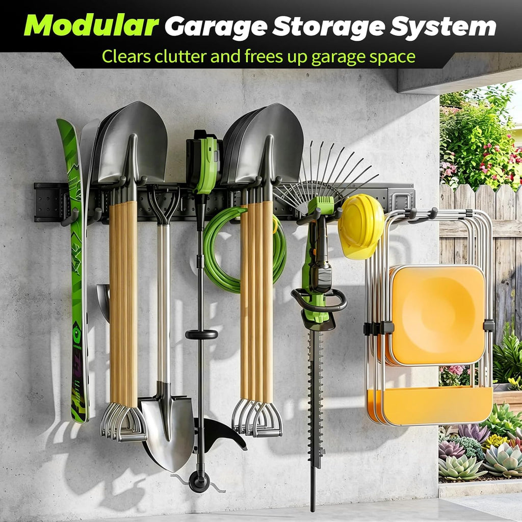 Garage Tool Organizer Wall Mount, 49.5 Inch Heavy Duty Garage Organization System with 10 Adjustable Hooks, Garden Tool Storage Rack for Garage, Yard & Shed, Holds Up to 400 lbs