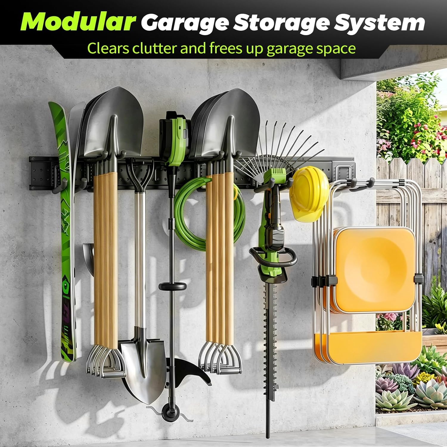 Garage Tool Organizer Wall Mount, 49.5 Inch Heavy Duty Garage Organization System with 10 Adjustable Hooks, Garden Tool Storage Rack for Garage, Yard & Shed, Holds Up to 400 lbs
