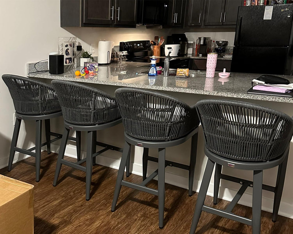 PURPLE LEAF Outdoor Bar Height Stools Set of 2 Patio Metal Modern Wicker Rattan Bar Chairs Woven Aluminum Barstools with Back and Cushions for Balcony Garden Indoor Kitchen Outside Gray
