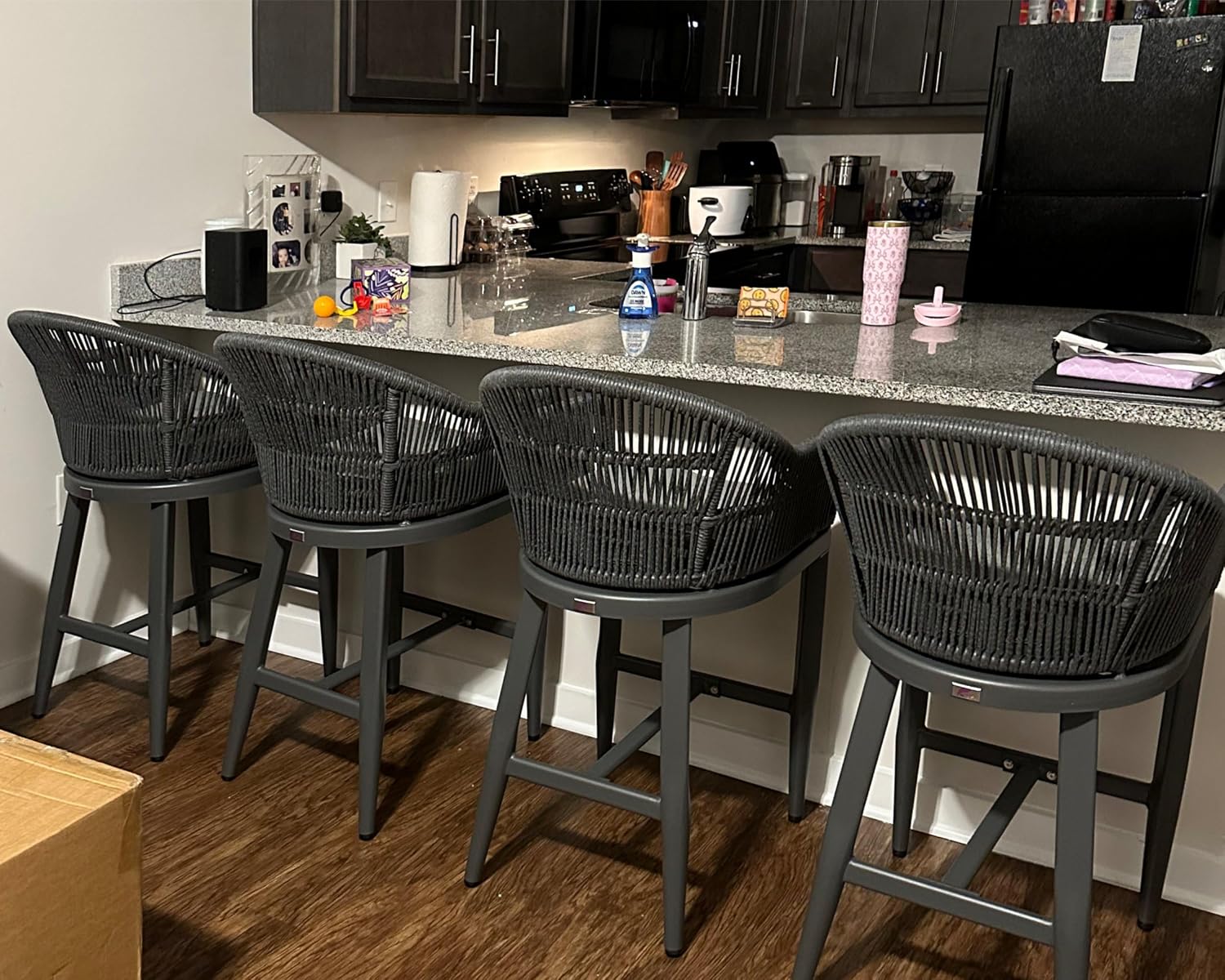 PURPLE LEAF Outdoor Bar Height Stools Set of 2 Patio Metal Modern Wicker Rattan Bar Chairs Woven Aluminum Barstools with Back and Cushions for Balcony Garden Indoor Kitchen Outside Gray