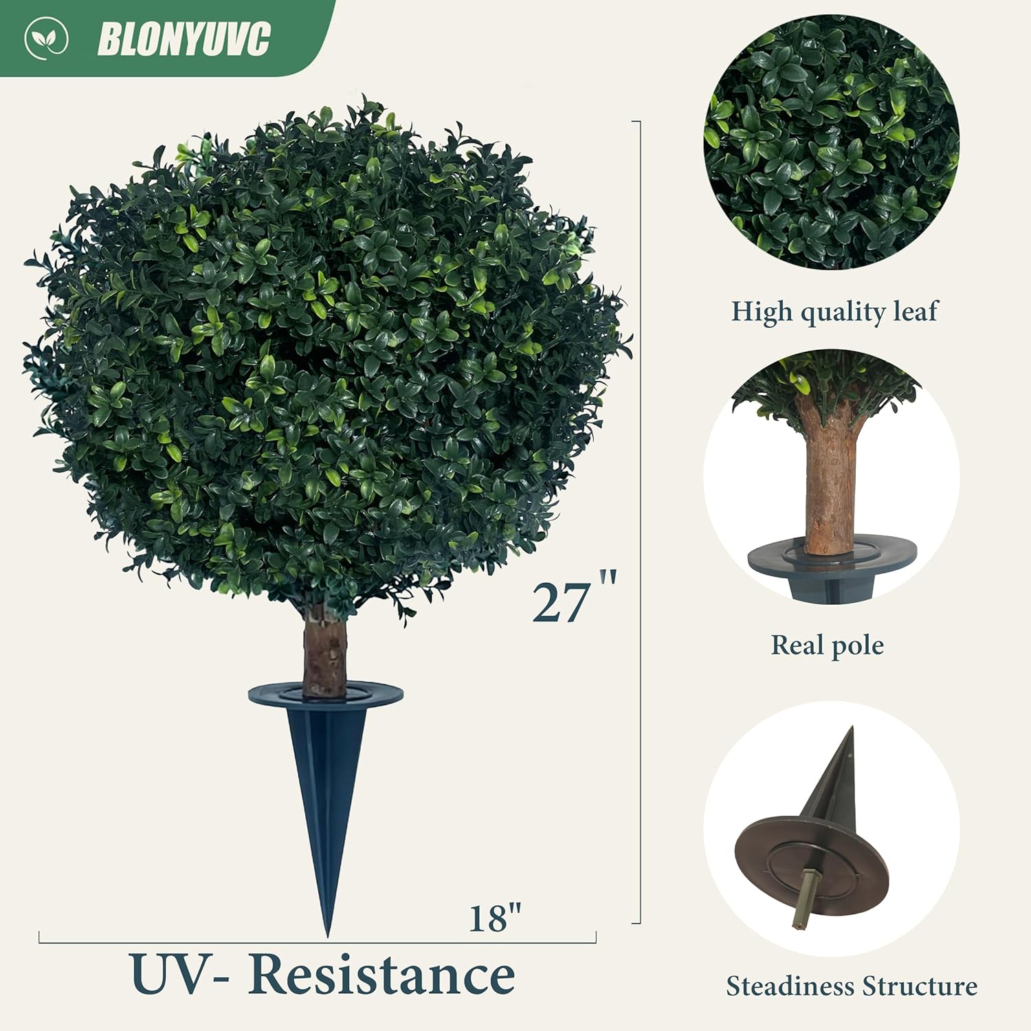 kyesyes Artificial Boxwood Ball Bush 27" Tree UV Resistance Rated with Spike. Easy to Push in The Ground.Plant Looks Great in a Planter Anywhere. Indoor/Outdoor Decor 2 Pack