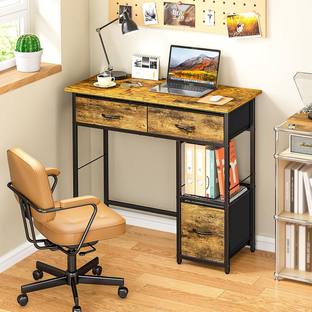 3IngSeagulls 33 Inch Small Computer Desk with Fabric Drawers, Home Office Desk with Storage Shelf, Compact Desks for Small Spaces, Teen Study Table for Bedroom, Rustic Brown