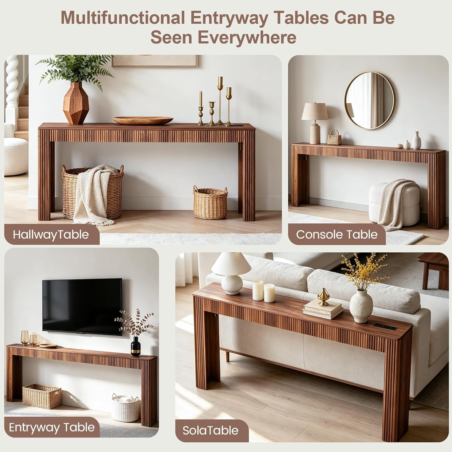 79" Fluted Console Table with Charging Station, Mid Century Modern Narrow Entryway Table with Power Outlet & USB Ports, Long Wooden Sofa Table Behind Couch, Hallway Accent Table for Foyer