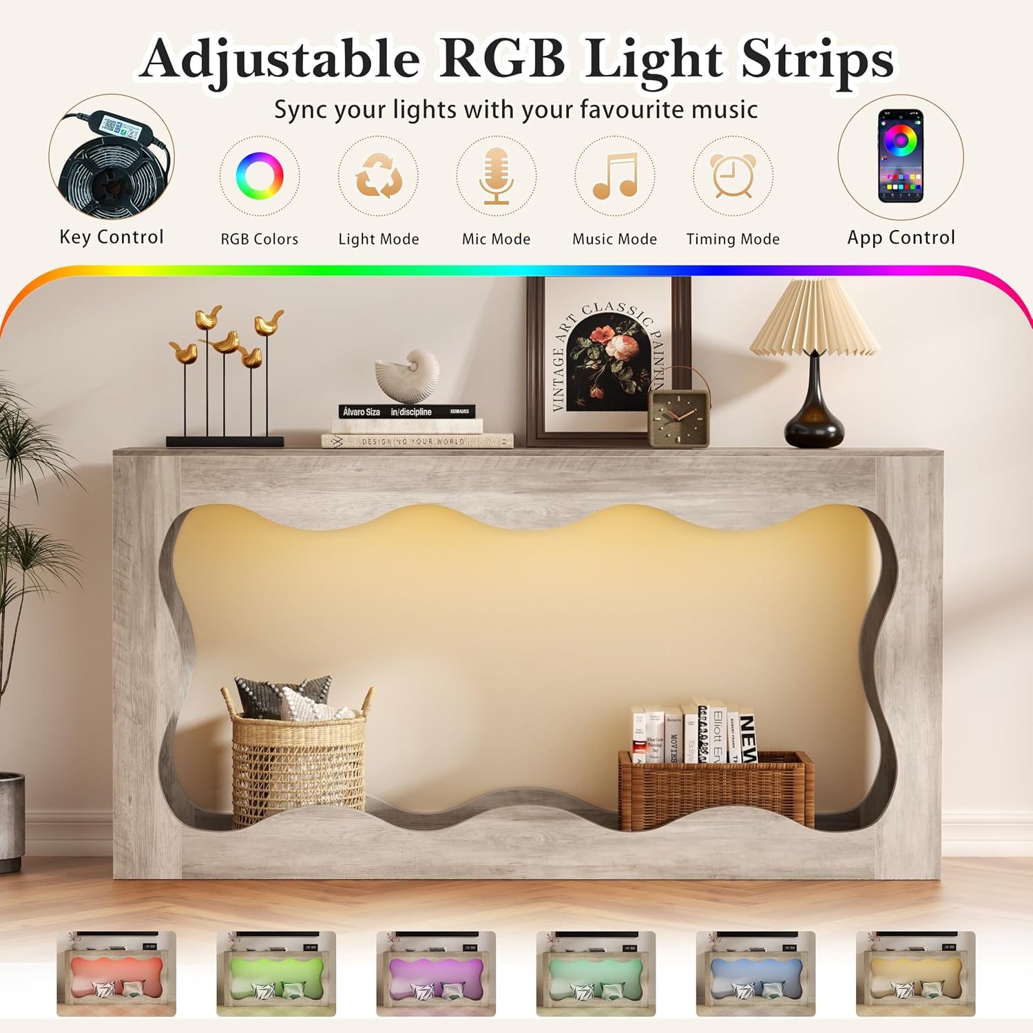 Vongrasig 63-Inch Farmhouse Entryway Table with Light Strips, Scalloped Console Table with Built-in Storage, Narrow Long Behind Couch, Wooden Curvilinear Sofa Table for Entrance, Hallway, Grey