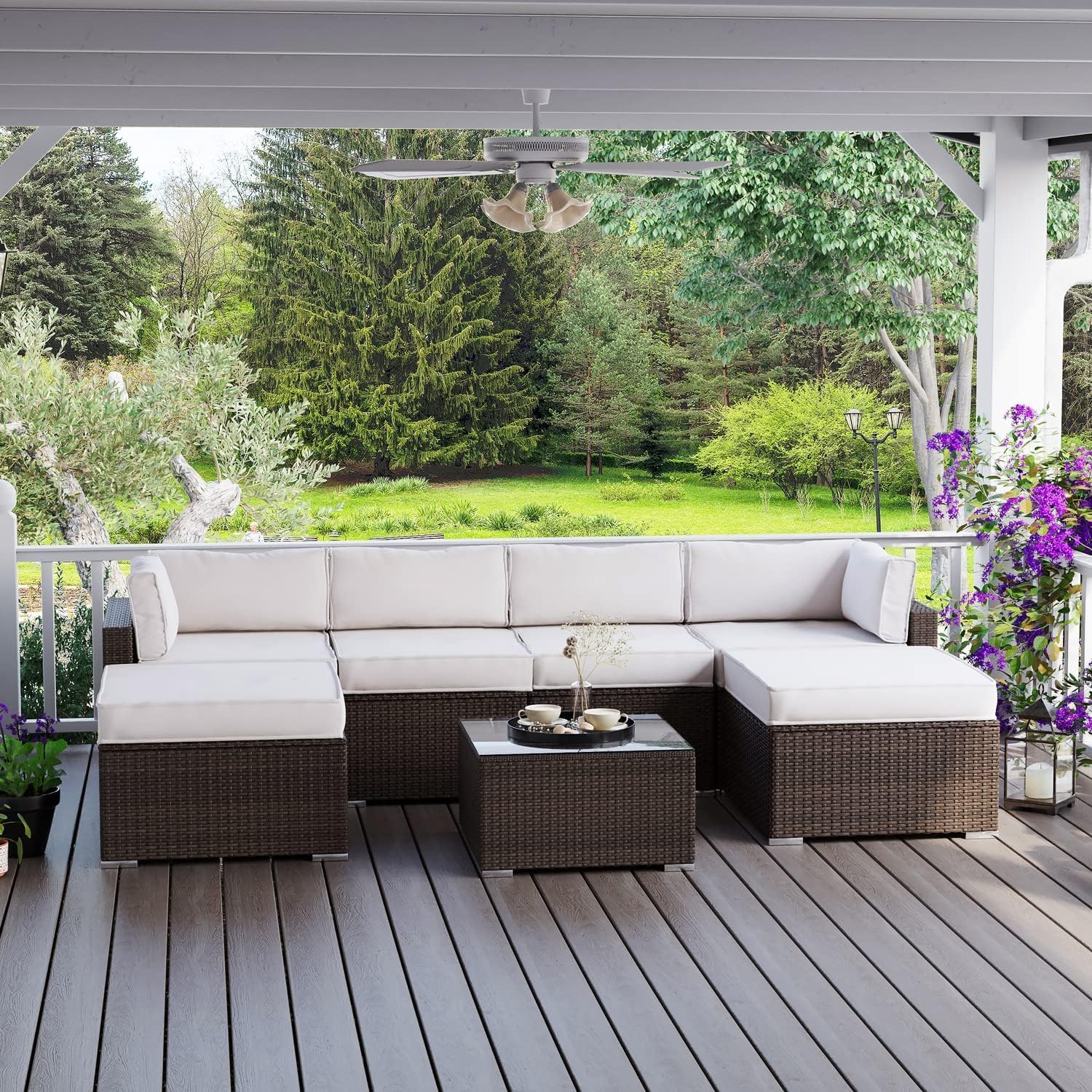 COSIEST 2 Piece Wicker Outdoor Ottoman Set, Patio Footstools with Removable Thick Cushions, Rattan Footrests for Deck, Backyard, Poolside, White