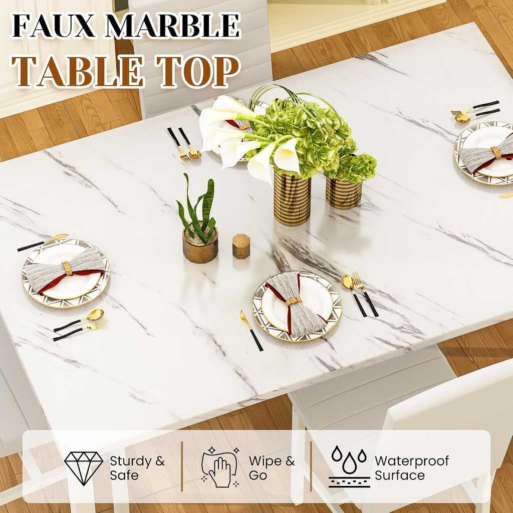 Hooseng Dining Table Set for 4, 5-Piece Faux Marble Dinner Table Set with 4 Upholstered PU Leather Chairs Kitchen Table Chairs Set Modern Space-Saving Dinette Set for Breakfast Nook Apartment White