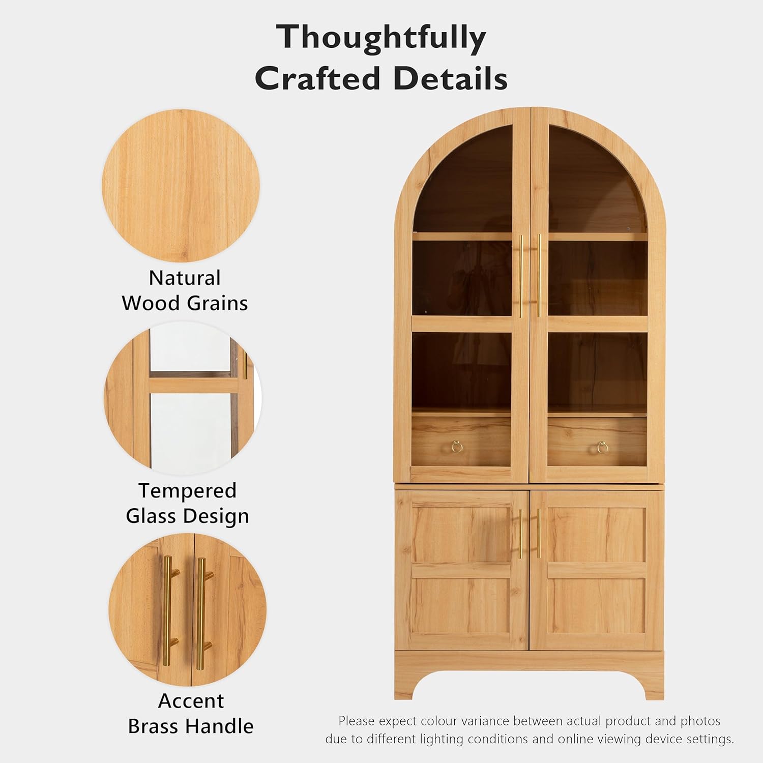 71" Tall Arched Kitchen Pantry Cabinet with Door Shelves, Farmhouse Kitchen Storage Cabinet with Open & Adjustable Shelves, Hidden Drawer & Glass Door, Cupboard for Kitchen, Dining Room, Natural
