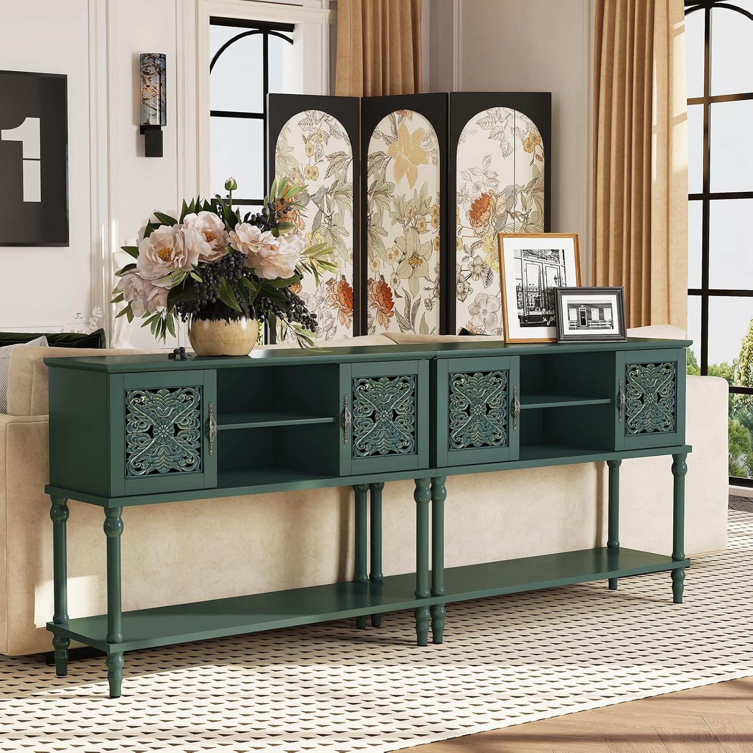 ARTPOWER Vintage Console Table with Hand-Carved Doors, 42" Narrow Entryway Table with Storage, Retro Sofa Table with Open Storage Shelf, Console Tables for Entryway, Hallway, Foyer, Living Room, Green
