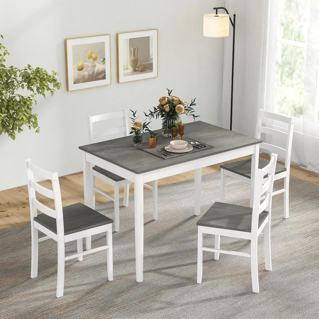 COSTWAY Dining Table Set for 4, 5-Piece Dinette Set with Rubber Wood Legs, Anti-Slip Pads & Space-Saving Design, Farmhouse Kitchen Table and Chairs for Kitchen, Apartment, Studio