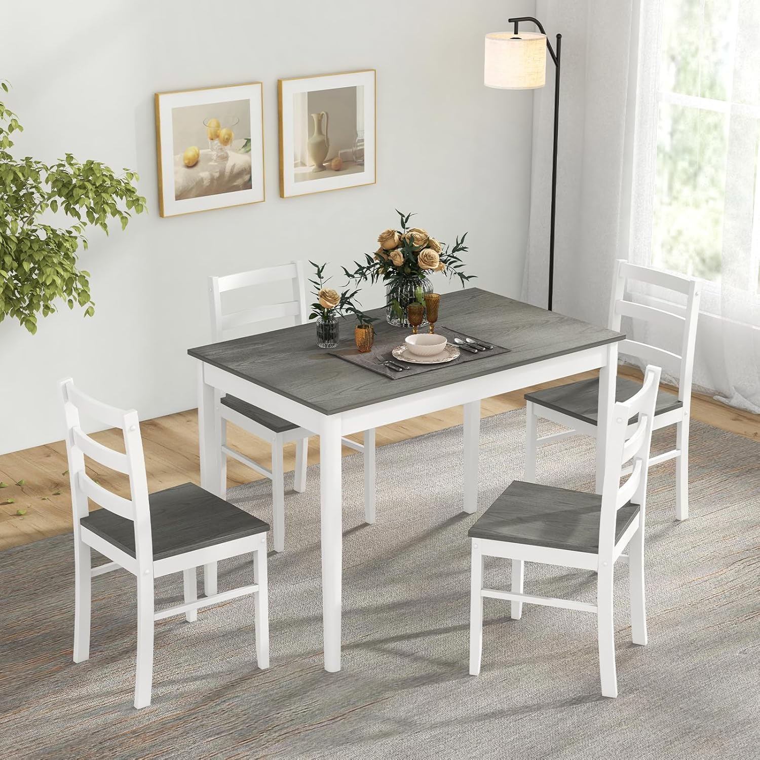 COSTWAY Dining Table Set for 4, 5-Piece Dinette Set with Rubber Wood Legs, Anti-Slip Pads & Space-Saving Design, Farmhouse Kitchen Table and Chairs for Kitchen, Apartment, Studio