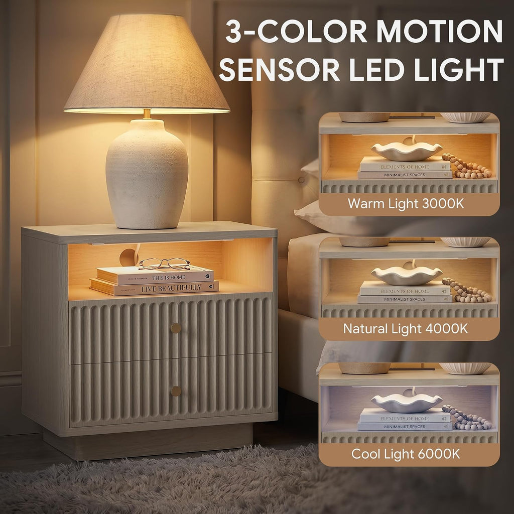 PAPROOS 23'' Fluted Nightstand Set of 2 with Charging Station, Modern Bedside Table with Motion Sensor LED Light, 2-Drawer Storage Cabinet for Bedroom & Home Office (2 pc Beige Gray)