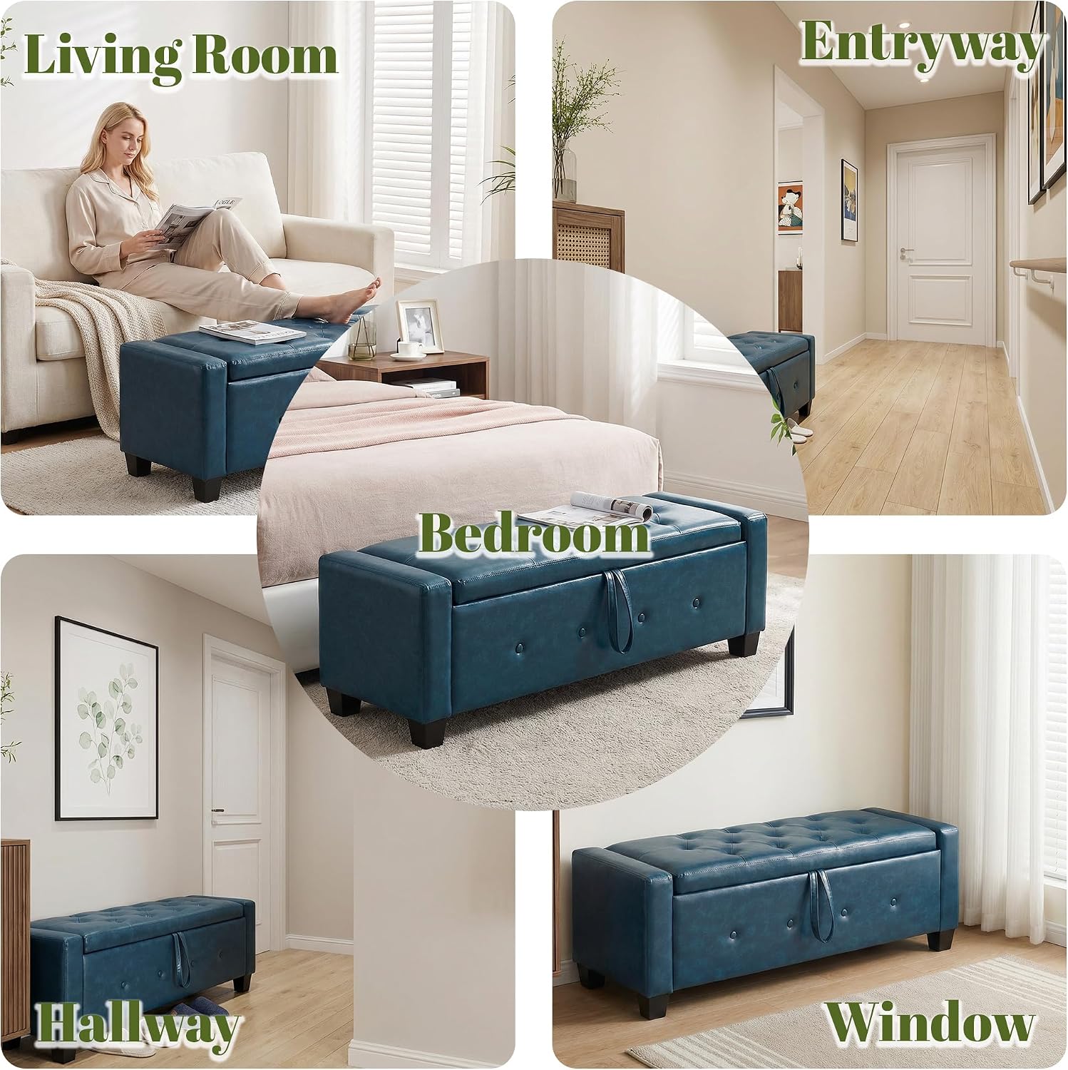 48" PU Leather Storage Ottoman Benches for Bedroom,Tufted Ottomans with Storage for Living Room,Mid Century Modern Bench with Seating for Entryway,Window,Bedside (PU Blue, 48 inch)