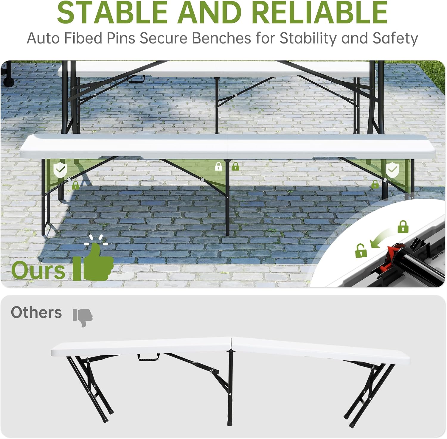 Real Relax 6 feet Plastic Folding Bench with Carrying Handle & Lock,Portable in/Outdoor Picnic Party Camping Dining Seat, Garden Soccer Multipurpose Entertaining Activities,Waterproof, 2 Pack, White