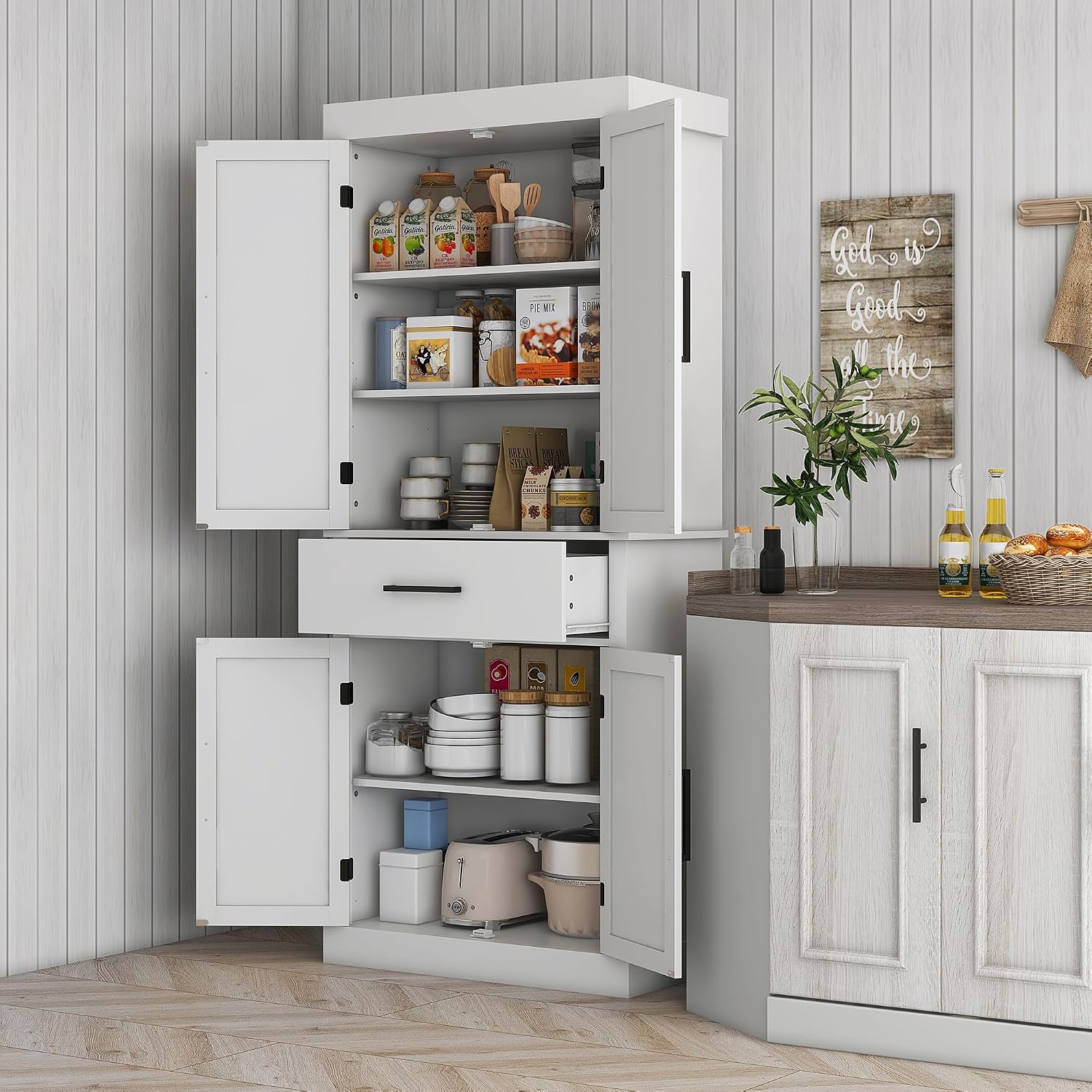 72" Tall Kitchen Pantry Storage Cabinet, Farmhouse Freestanding Sideboard Utility Cupboard Large Hutch Cabinets with 4 Barn Doors, Drawer and Adjustable Shelves, White