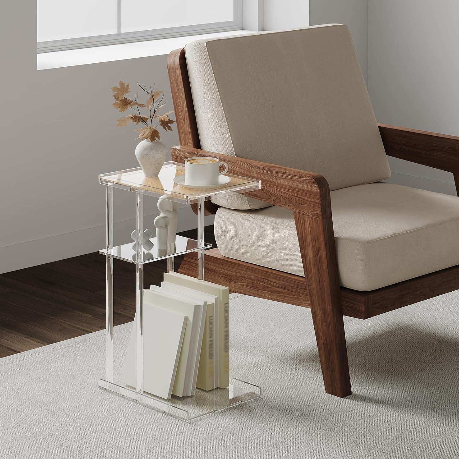 HMYHUM Acrylic C-Shaped End Table, 3-Tier Clear Side Table for Couch, Living Room, Bedroom, Small Spaces, 15.5''L x 11.6''W x 25''H, Woven Rattan Interlayer