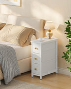 CHOEZON Narrow Side Table with 3 Fabric Drawers, Industrial Slim Bedside Table for Small Spaces, Bedroom, Living Room, Dormitory, White TBZ09WB