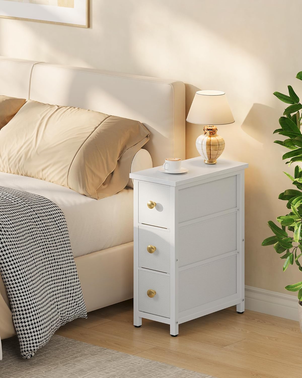 CHOEZON Narrow Side Table with 3 Fabric Drawers, Industrial Slim Bedside Table for Small Spaces, Bedroom, Living Room, Dormitory, White TBZ09WB