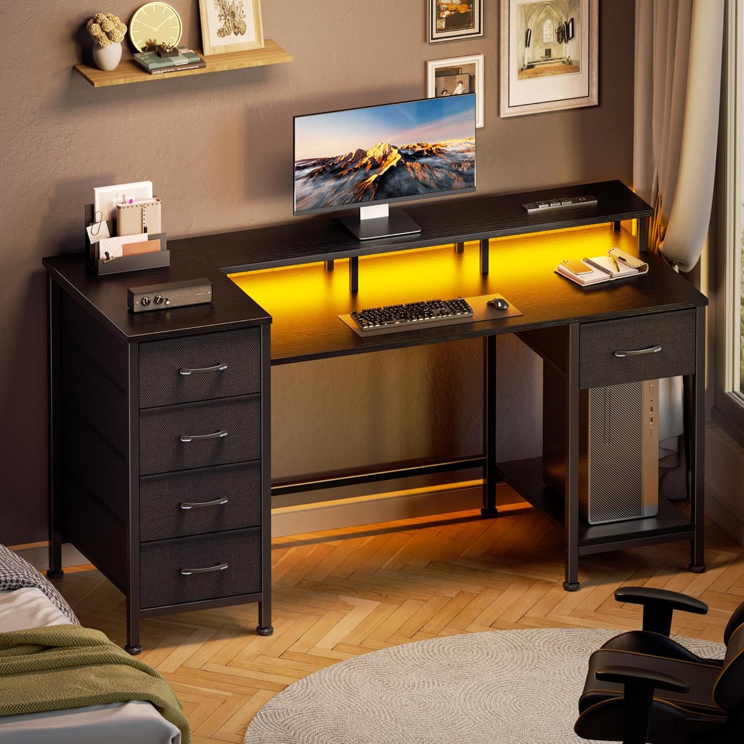 Korfile 47 Inch Gaming Desk with Power Outlets and LED Lights, Reversible Computer Desk with 5 Fabric Storage Drawers, Home Office Desk with Monitor Stand for Working Writing Study, Black