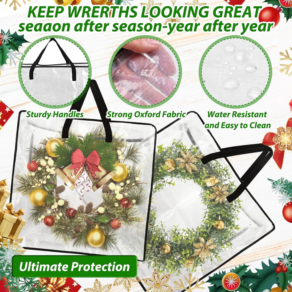 8 Pack Wreath Storage Bags, 24 Inch Clear Christmas Wreath Storage Bag with Zipper and Handles, PP Woven Holiday Decor Storage Bags