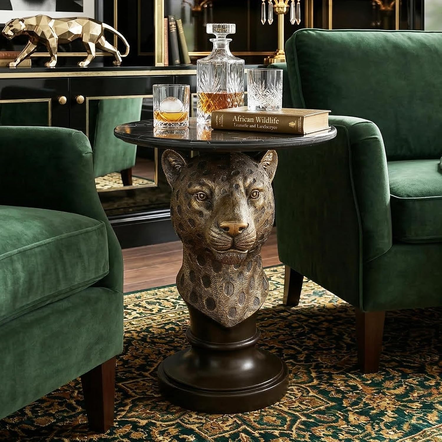 Decorative Leopard Round Side Table - Creative Bronze Animal Head End Table with Black Faux Marble Top - Luxury Safari Theme Accent Furniture Statement Piece for Living Room, Bedroom & Office