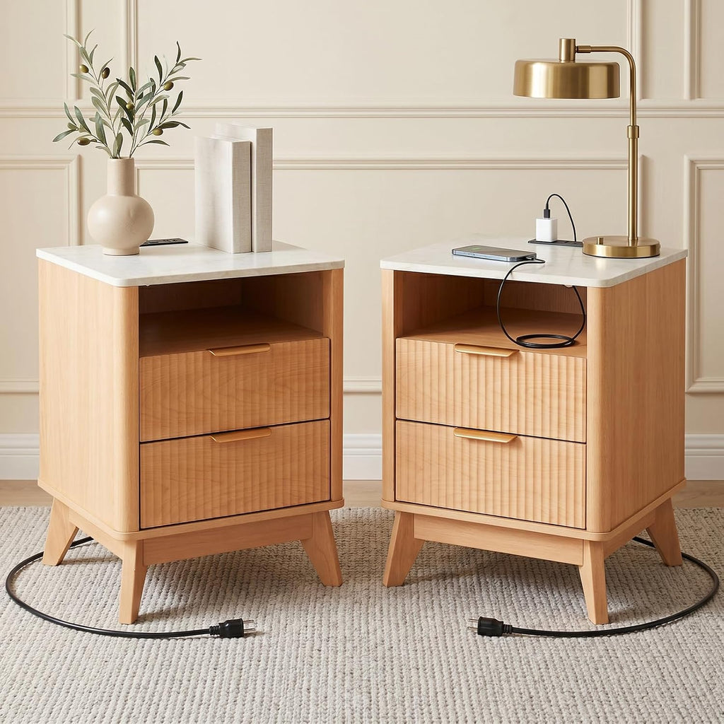 DUMOS Nightstand with Built-in Charging Station Set of 2, 18" Bedside Table with Faux Marble Top, Fluted Solid Wood End Table with 2 Drawers, Modern Compact Night Stand for Bedroom, Natural Oak