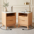 DUMOS Nightstand with Built-in Charging Station Set of 2, 18" Bedside Table with Faux Marble Top, Fluted Solid Wood End Table with 2 Drawers, Modern Compact Night Stand for Bedroom, Natural Oak