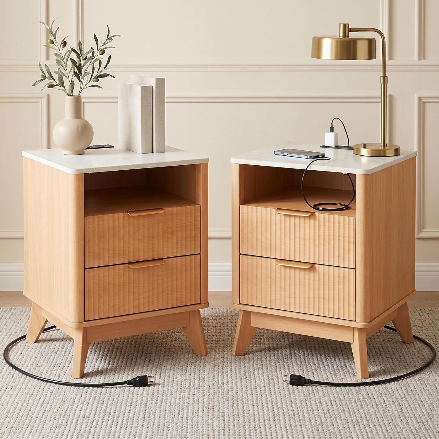 DUMOS Nightstand with Built-in Charging Station Set of 2, 18" Bedside Table with Faux Marble Top, Fluted Solid Wood End Table with 2 Drawers, Modern Compact Night Stand for Bedroom, Natural Oak