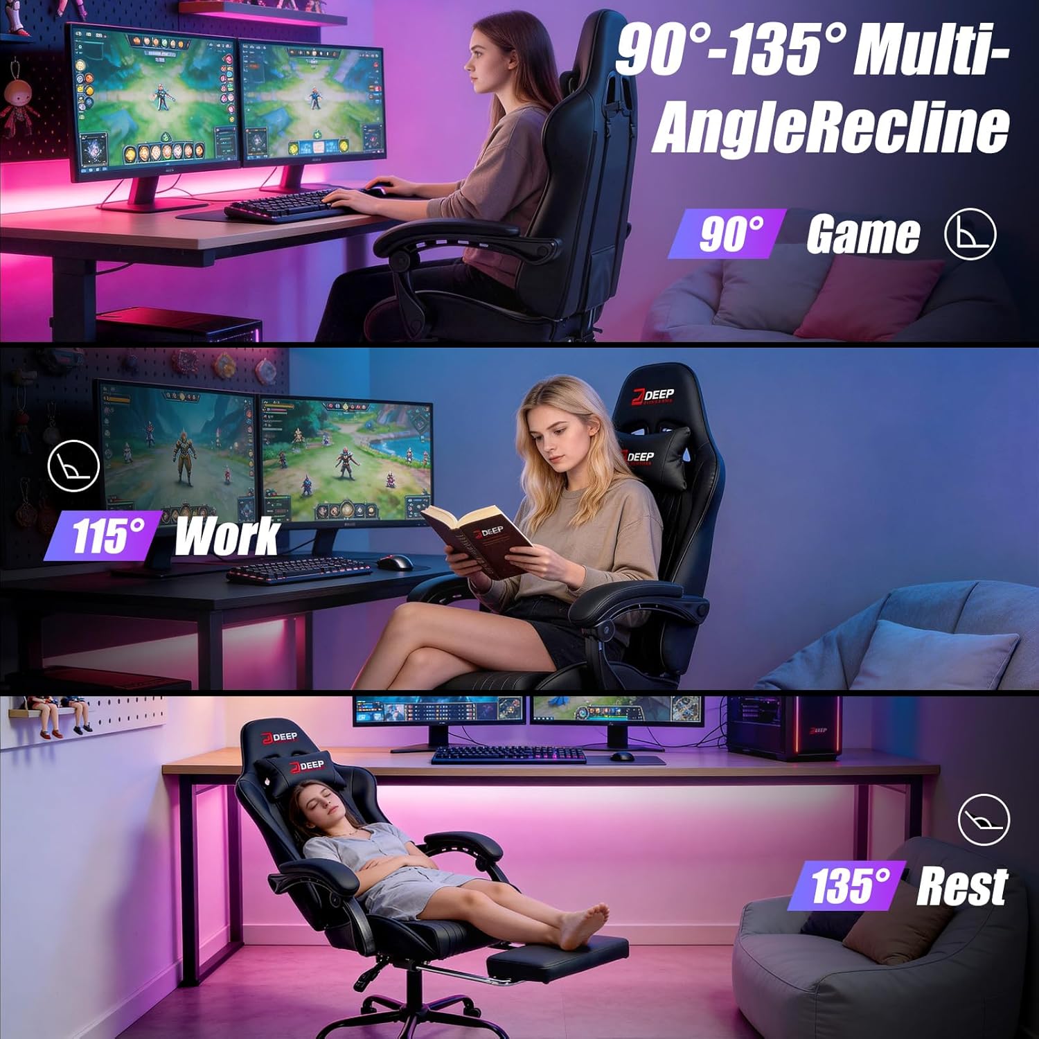 Gaming Chair with Footrest, Ergonomic Game Chair with Lumbar Support and Linkage Armrest, Reclining Computer Chair Height Adjustable for Home Office Father's Day(1001-Black)