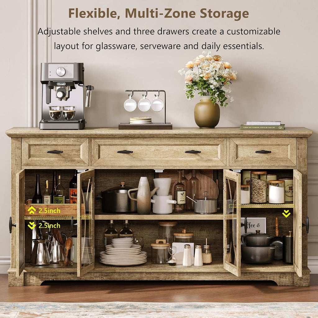 Einhomn 64" Farmhouse Sideboard Cabinet with 3 Drawers and 4 Doors, Buffet Cabinet with Adjustable Shelves and Curved Glass Doors, Large Storage Cabinet for Dining Room, Living Room, Kitchen,Natural