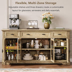 Einhomn 64" Farmhouse Sideboard Cabinet with 3 Drawers and 4 Doors, Buffet Cabinet with Adjustable Shelves and Curved Glass Doors, Large Storage Cabinet for Dining Room, Living Room, Kitchen,Natural