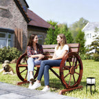 Wooden Bench, 41 Inch Wagon Wheel Patio Garden Loveseat, Rustic Outdoor 2-Person Slatted Seat Bench with Backrest for Porch Deck Backyard Lawn, Carbonized