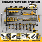 MOOMSINE Large Power Tool Organizer Wall Mount with Charging Station for Garage, 400lbs Metal Storage Rack with 8 Cordless Drill Holder, 4 Tier Heavy Duty Battery Tool Shelf with 5 Outlet Power Strip