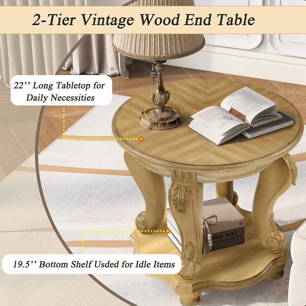 KEIKI Solid Rubber Wood Round Side End Table with Storage Shelf, Traditional Vintage Couch Sofa Bedside Table Night Stand for Living Room Bedroom, Espresso